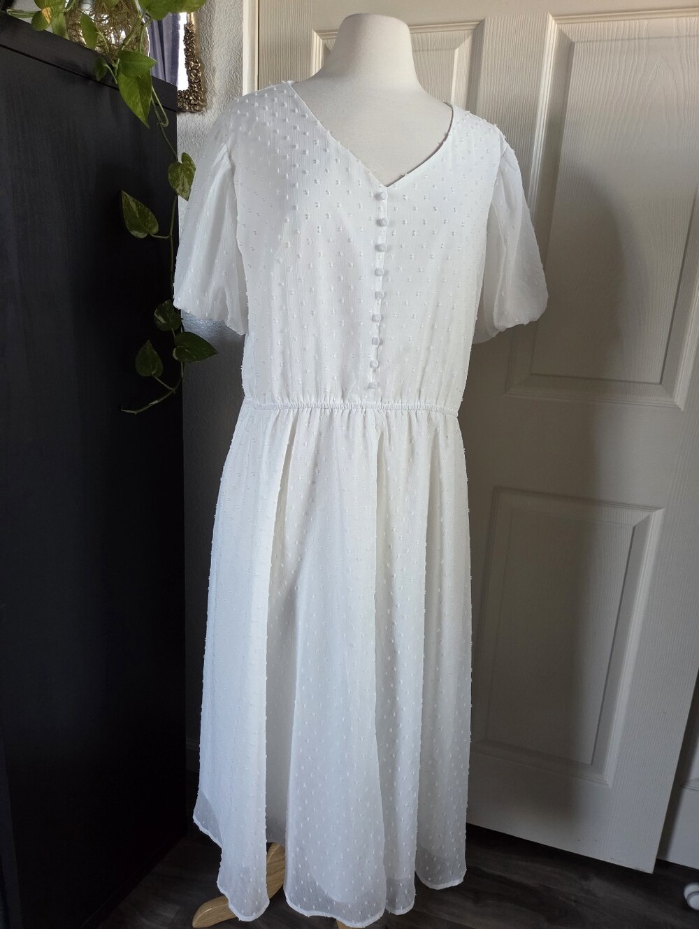 JessaKae White Flowy Button Down Swiss Dot Maxi Long Dress Puff Sleeve